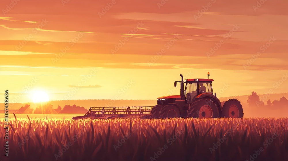 This is an illustration of a farmer with a tractor and harvester working in the field. It is a suitable agriculture concept for production. A tractor is on a soybean farm in the spring sunset. This is an illustration of a farmer with a tractor and harvester working in the field. It is a suitable agriculture concept for production. A tractor is on a soybean farm in the spring sunset.