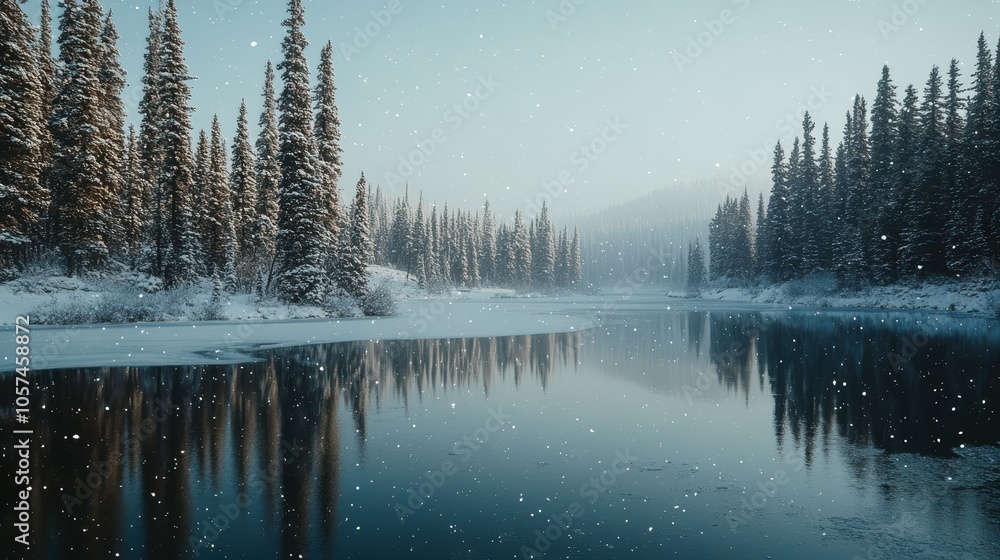 Winter Serenity with Snow-Laden Trees and Reflective Water Winter Serenity with Snow-Laden Trees and Reflective Water