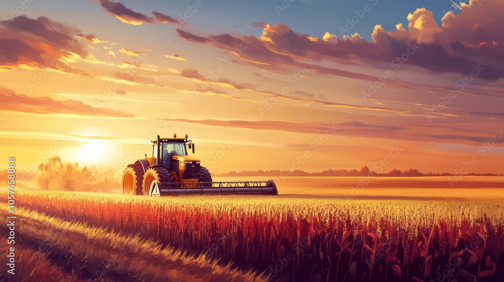Fototapeta premium This is an illustration of a farmer with a tractor and harvester working in the field. It is a suitable agriculture concept for production. A tractor is on a soybean farm in the spring sunset.