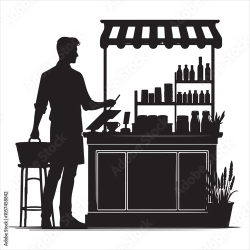 Black silhouette of a grocer weighing products on a white background