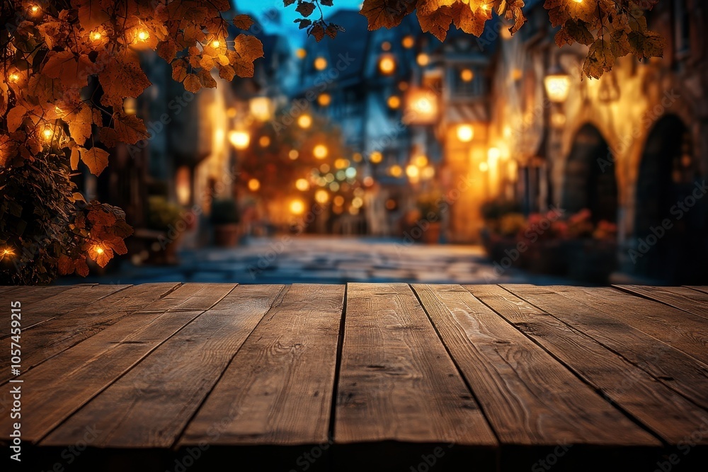 A wooden table with a view of a city street at night A wooden table with a view of a city street at night