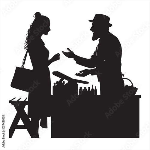 Black silhouette of a grocer weighing products on a white background