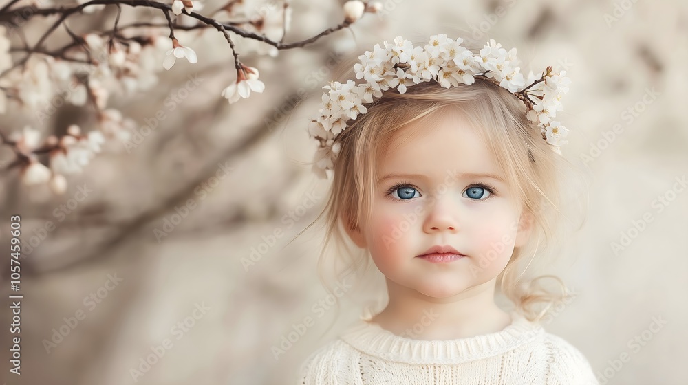 Little girl with blue eyes wearing cherry blossom crown and white dress on soft pink background for spring portrait concept Little girl with blue eyes wearing cherry blossom crown and white dress on soft pink background for spring portrait concept