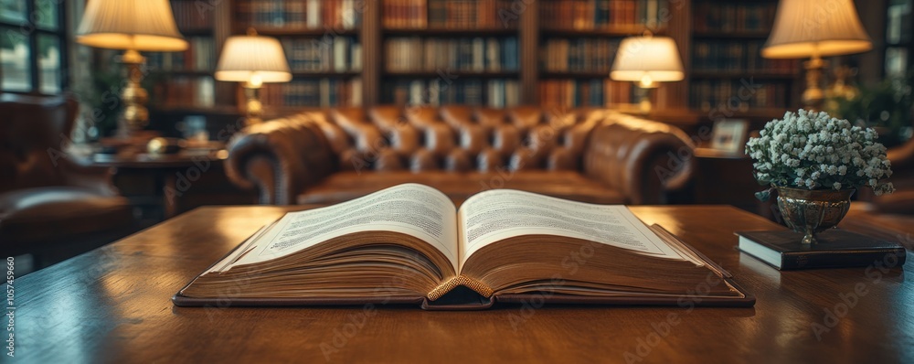 A cozy library scene with an open book on a wooden table, surrounded by warm lighting. A cozy library scene with an open book on a wooden table, surrounded by warm lighting.