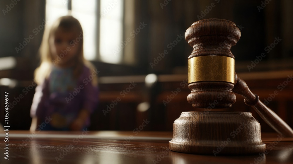 Focused judge's gavel with a small child in the distance, representing family legal issues, generative ai Focused judge's gavel with a small child in the distance, representing family legal issues, generative ai