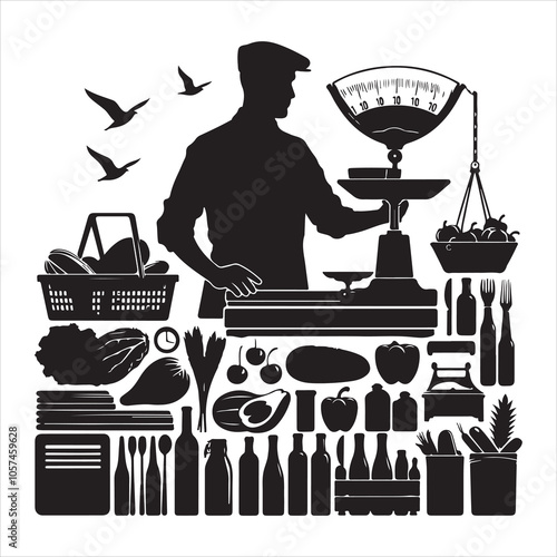 Black silhouette of a grocer weighing products on a white background