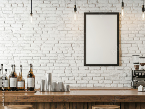 A blank frame hangs above a bar counter with a rustic wooden top and a white brick wall. photo