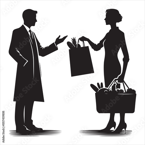 Black silhouette of a grocer weighing products on a white background
