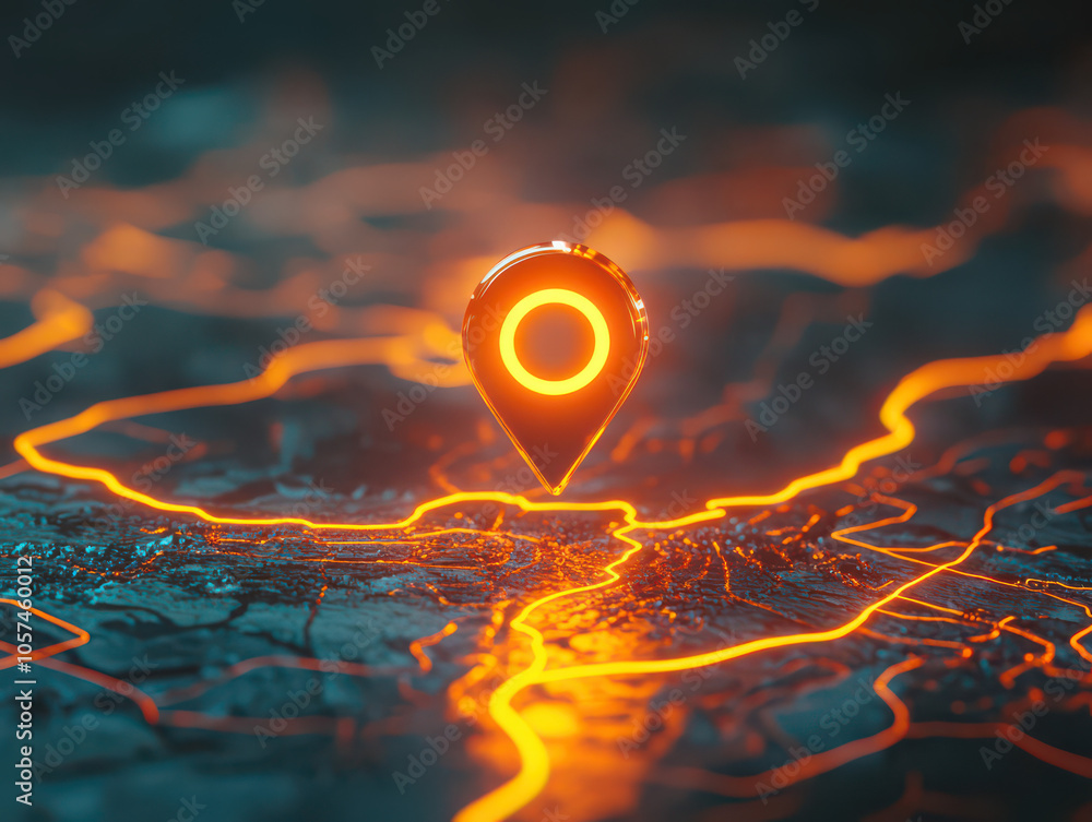 A glowing location pin sits atop a futuristic, 3D map. The vibrant orange lines trace the map, creating a striking visual. A glowing location pin sits atop a futuristic, 3D map. The vibrant orange lines trace the map, creating a striking visual.