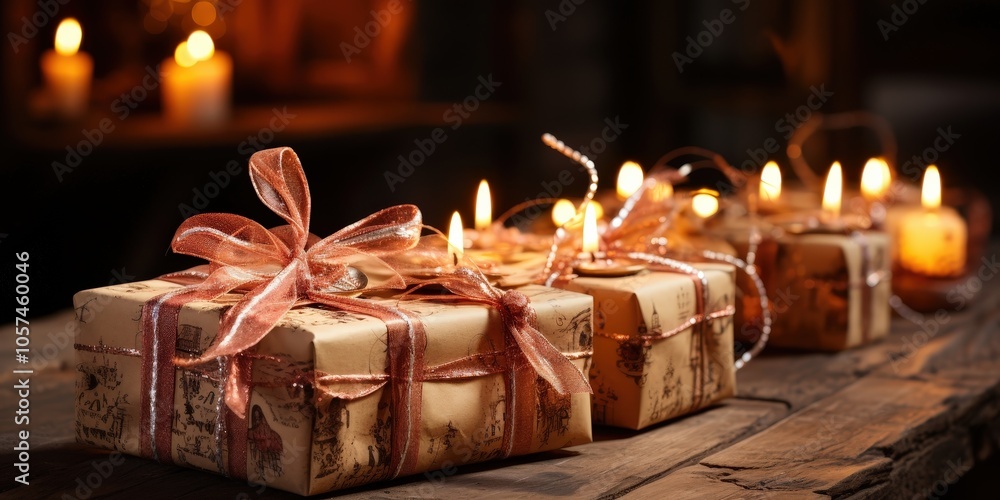 Gift wrapped in rustic paper with a bow and lit candles on a wooden table Gift wrapped in rustic paper with a bow and lit candles on a wooden table