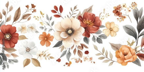 A set of floral elements created in watercolor, showcasing various flowers and designs, perfect for artistic projects and crafting with a beautiful, colorful touch.