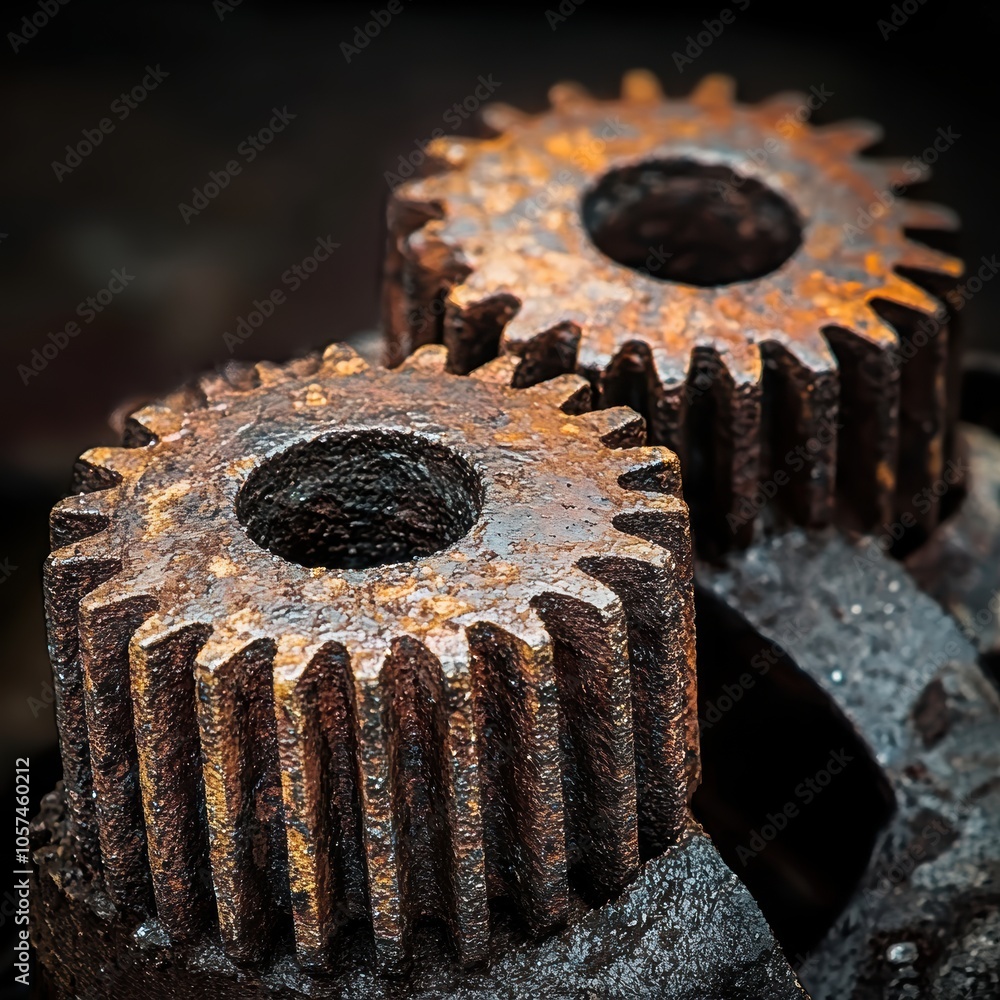 Close-up of rusty metal gears, showcasing intricate textures and an industrial aesthetic. Close-up of rusty metal gears, showcasing intricate textures and an industrial aesthetic.