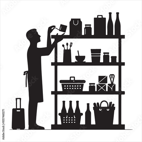 Black silhouette of a grocer weighing products on a white background