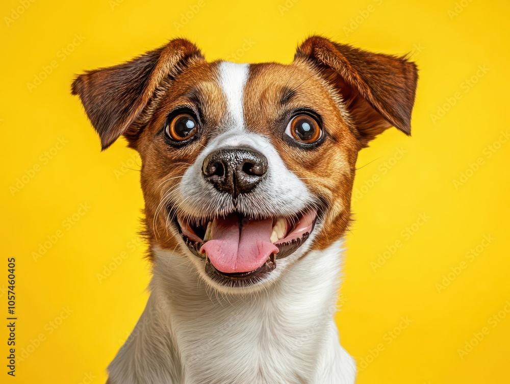 Small dog with a comical surprised look, tongue out and eyes wide, on a bright yellow background, energetic and lively Small dog with a comical surprised look, tongue out and eyes wide, on a bright yellow background, energetic and lively
