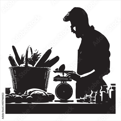 Black silhouette of a grocer weighing products on a white background