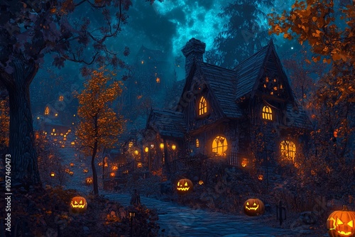 Spooky Village House with Pumpkins and Lanterns - AI generated illustration