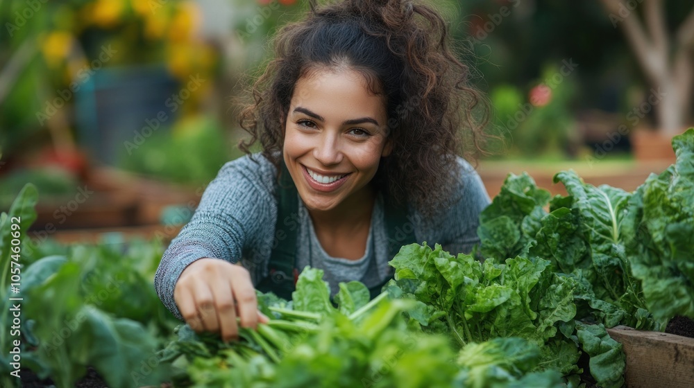 Smiling Woman Harvesting Fresh Greens in a Garden Smiling Woman Harvesting Fresh Greens in a Garden