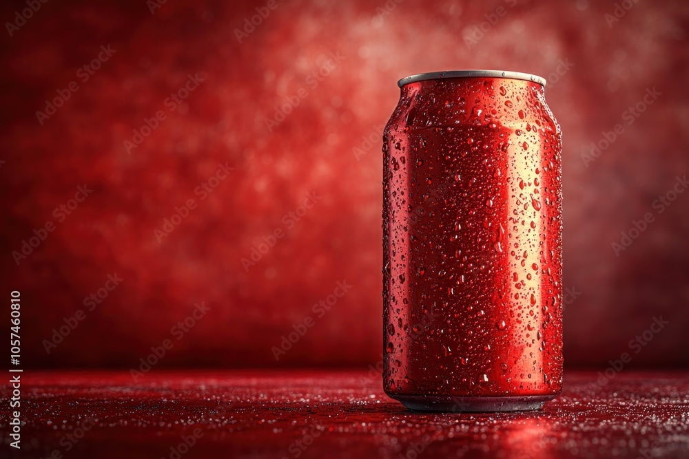 A close-up of a red beverage can with droplets on a matching background. A close-up of a red beverage can with droplets on a matching background.