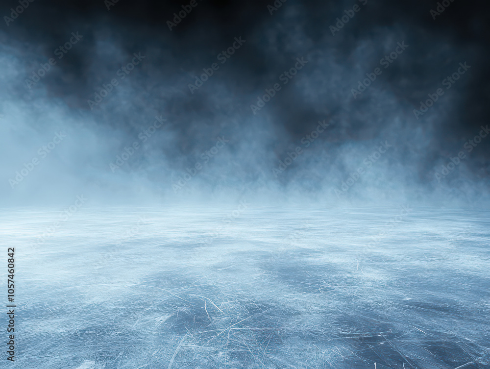 A moody, ethereal scene of a frozen lake covered in a thick layer of fog. A moody, ethereal scene of a frozen lake covered in a thick layer of fog.