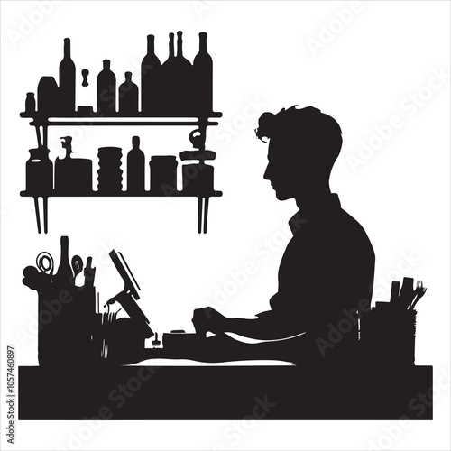 Black silhouette of a grocer weighing products on a white background