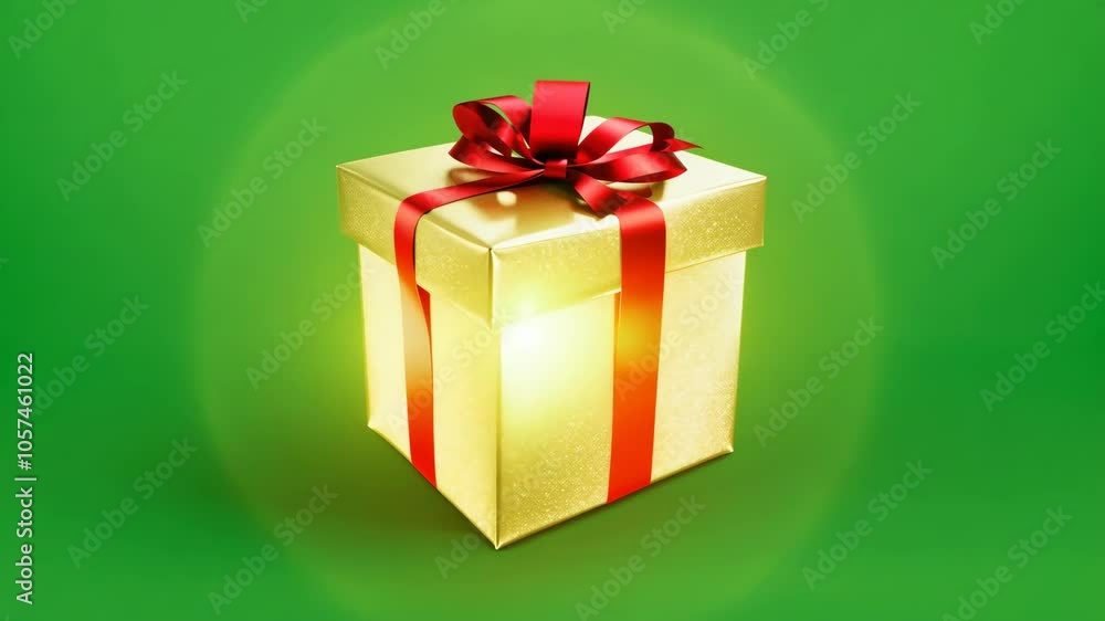 A glowing gift box wrapped in a gold ribbon, releasing golden particles as it shines against a green background, ideal for holiday themes.
A glowing gift box wrapped in a gold ribbon, releasing golden particles as it shines against a green background, ideal for holiday themes.