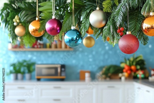 festive kitchen decor, festive christmas kitchen decorated with vibrant ornaments, tropical greens, and warmth, creating holiday cheer with text space photo