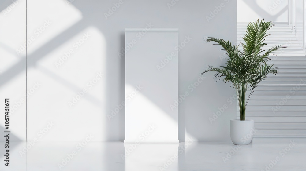 This white roll-up banner template stands in the lobby next to the stairs. Blank advertisement mockup in a business setting with white highlights. Commercial pull-up display isolated with white This white roll-up banner template stands in the lobby next to the stairs. Blank advertisement mockup in a business setting with white highlights. Commercial pull-up display isolated with white