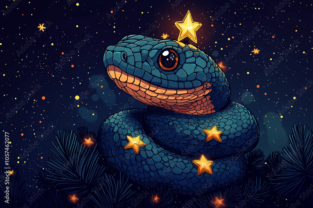 Chinese New Year design vector illustration of a snake and Christmas Eve on a solid black background. design for cards, stickers, calendars, and banner