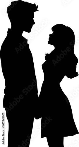 Romantic silhouette of a young couple holding hands and looking at each other, character vector