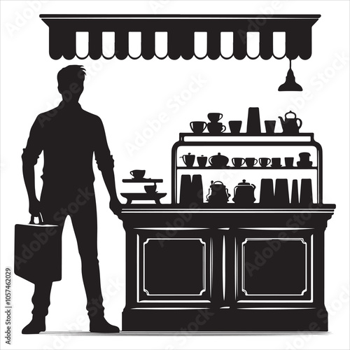 Black silhouette of a grocer weighing products on a white background