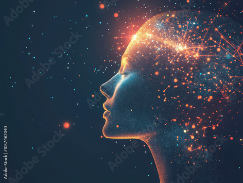 A digital illustration of a woman's profile, with glowing lines and dots, radiating from her head, representing ideas, thoughts, and creativity.