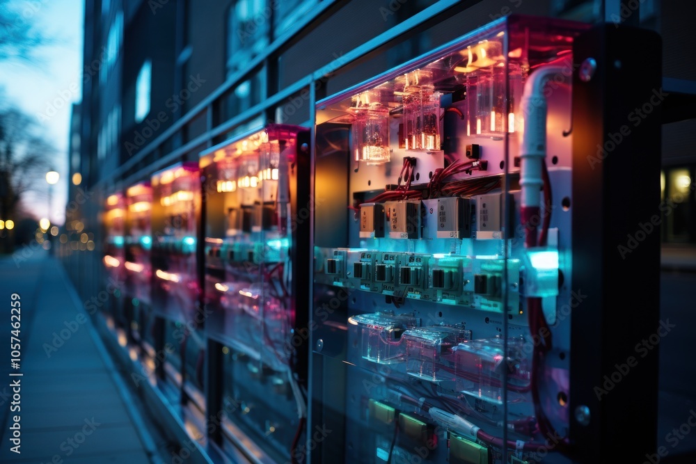 A modern electrical panel illuminated with vibrant lights, showcasing technology and design. A modern electrical panel illuminated with vibrant lights, showcasing technology and design.