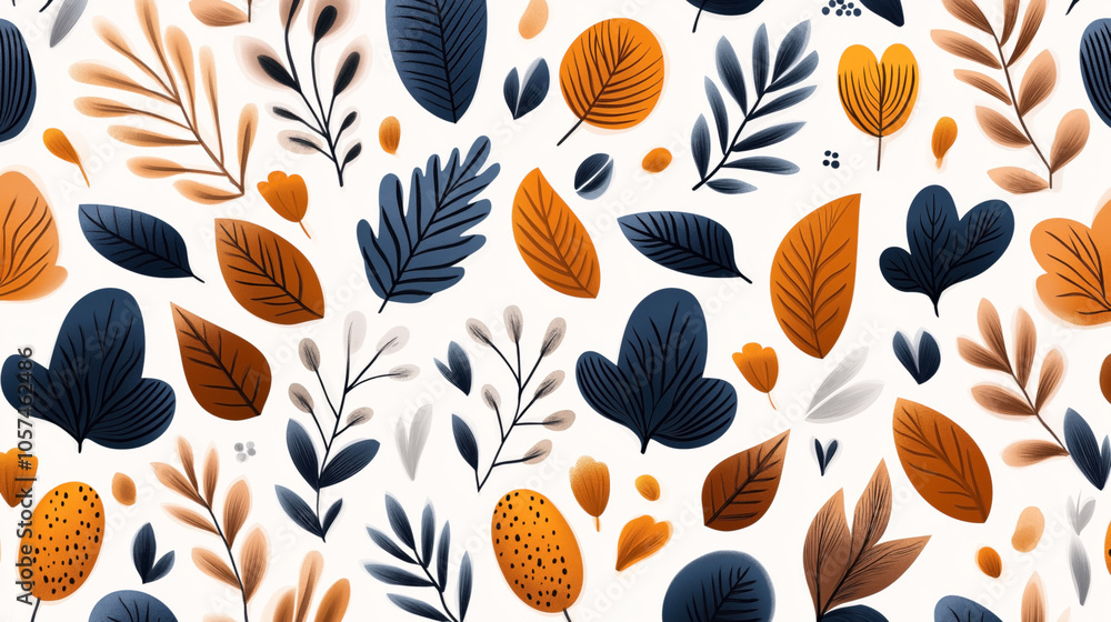 Pattern of various illustrated leaves in autumn colors with orange, blue, and brown hues on a light background. Pattern of various illustrated leaves in autumn colors with orange, blue, and brown hues on a light background.