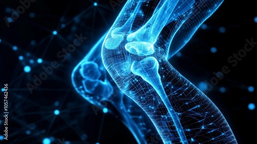 Low poly human knee on dark blue background, futuristic medicine and orthopedic treatment concept, isolated illustration.