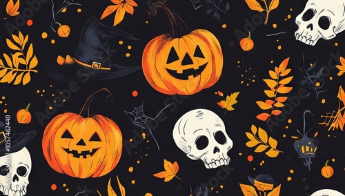 Halloween vector pattern with skulls, pumpkins, and witches hats on a black background, AI generated illustration