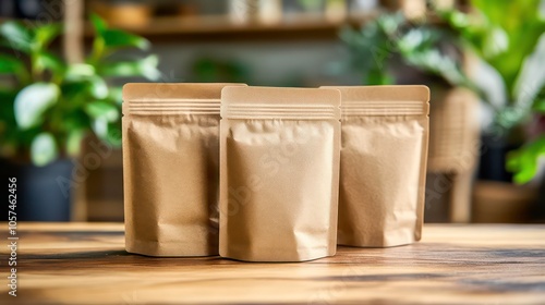 Three brown paper bags arranged on a wooden surface amidst green plants. photo