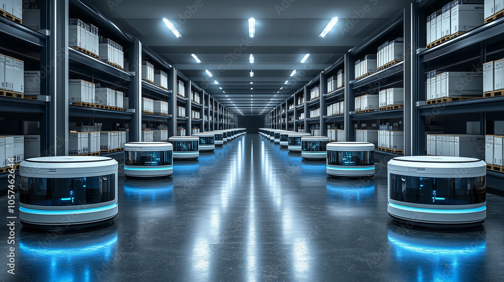 Obraz premium Autonomous Warehouse Robots: A futuristic vision of streamlined logistics, showcasing rows of automated robots navigating a vast warehouse facility, enhancing efficiency and optimizing operations. 