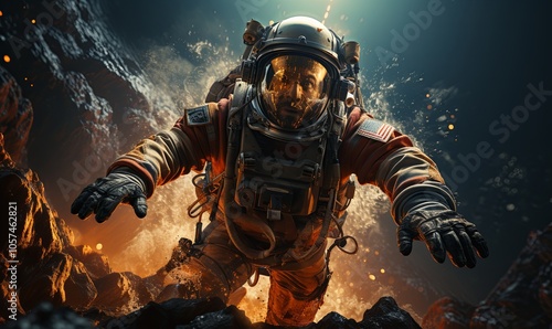 Astronaut in Space Suit on Rocky Surface photo