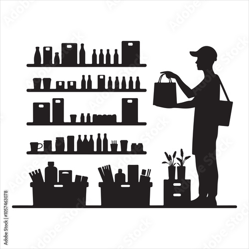 Black silhouette of a grocer weighing products on a white background