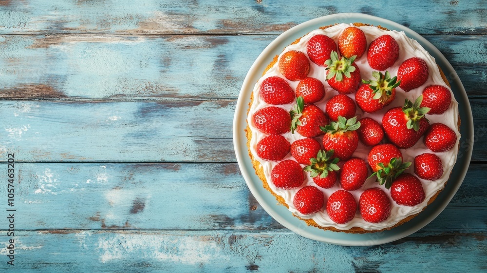 Strawberry cake on a blue wooden surface Top view flat lay Strawberry cake on a blue wooden surface Top view flat lay