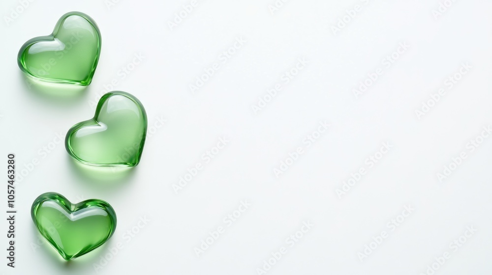 Green decorative glass hearts shaped as a shamrock resting on a white background Minimalist flat lay design for an Irish holiday card celebrating luck and spring Green decorative glass hearts shaped as a shamrock resting on a white background Minimalist flat lay design for an Irish holiday card celebrating luck and spring