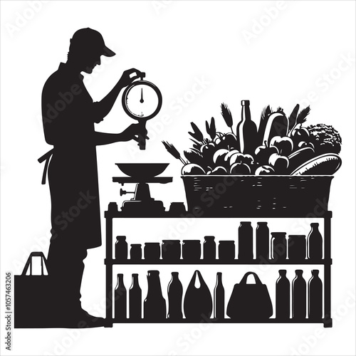 Black silhouette of a grocer weighing products on a white background