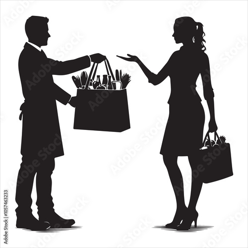Black silhouette of a grocer weighing products on a white background