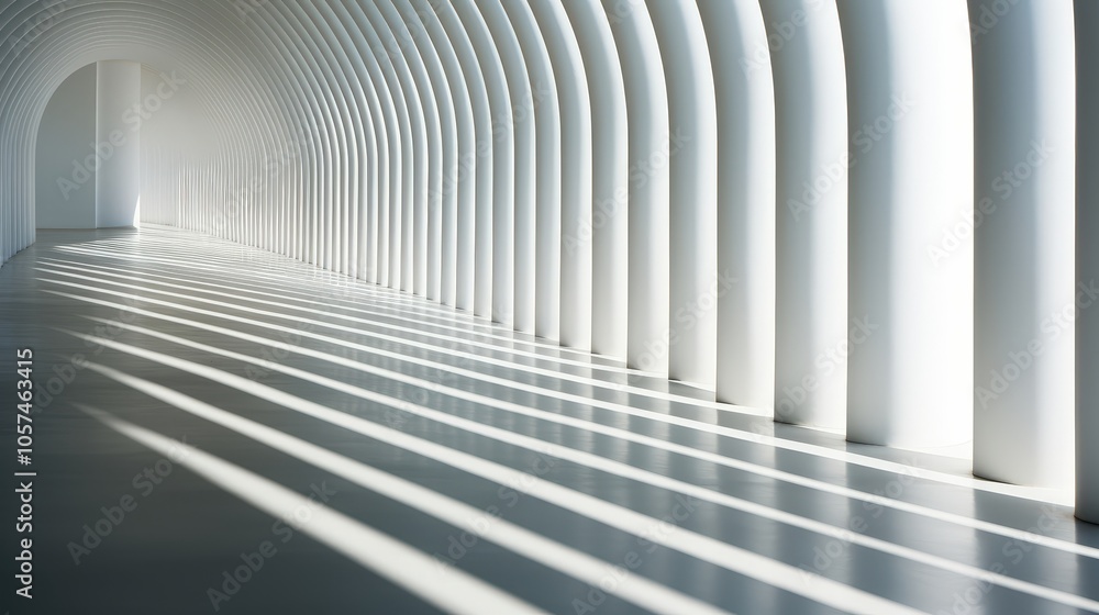 A series of arched white structures creates a corridor of light and shadow, casting long lines across the floor. A series of arched white structures creates a corridor of light and shadow, casting long lines across the floor.
