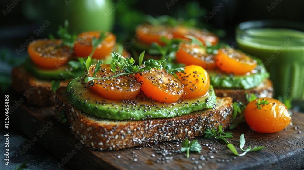 A vibrant avocado toast topped with cherry tomatoes and seeds, served on a wooden board. A vibrant avocado toast topped with cherry tomatoes and seeds, served on a wooden board.
