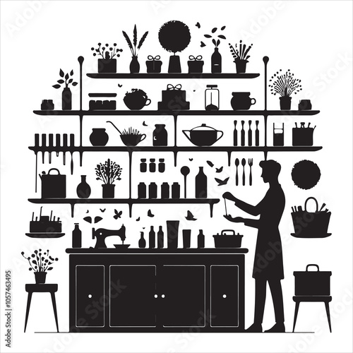 Black silhouette of a grocer weighing products on a white background