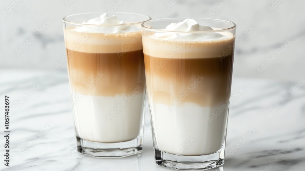 Two glasses featuring a stylish whipped coffee latte made with instant coffee sugar and layered milk on a marble surface Two glasses featuring a stylish whipped coffee latte made with instant coffee sugar and layered milk on a marble surface