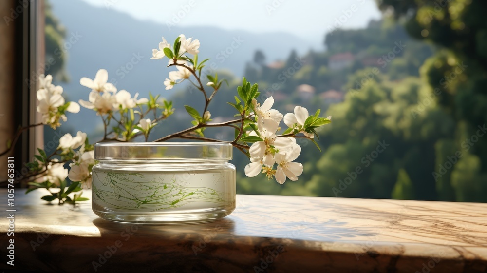 A Glass Jar of Clear Liquid with a Green Swirl Design and White Flowers on a Wooden Surface with a Blurred Background of Lush Green Foliage A Glass Jar of Clear Liquid with a Green Swirl Design and White Flowers on a Wooden Surface with a Blurred Background of Lush Green Foliage