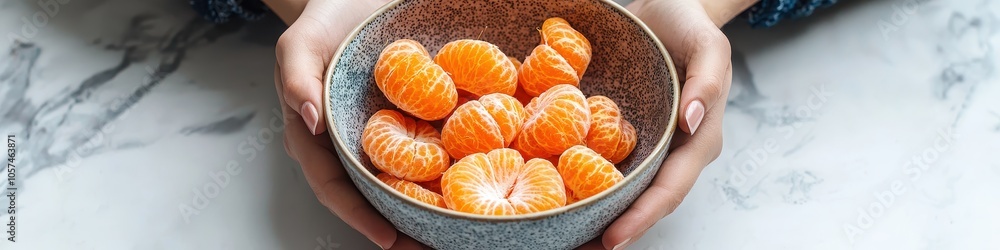 bowl of tangerines in hands. Selective focus bowl of tangerines in hands. Selective focus