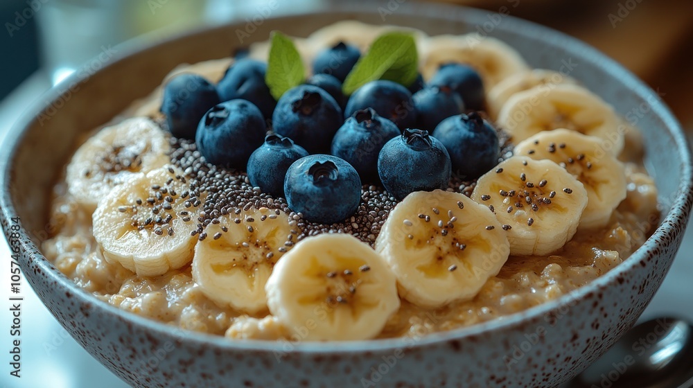 A bowl of oatmeal topped with banana slices, blueberries, and chia seeds, garnished with mint. A bowl of oatmeal topped with banana slices, blueberries, and chia seeds, garnished with mint.